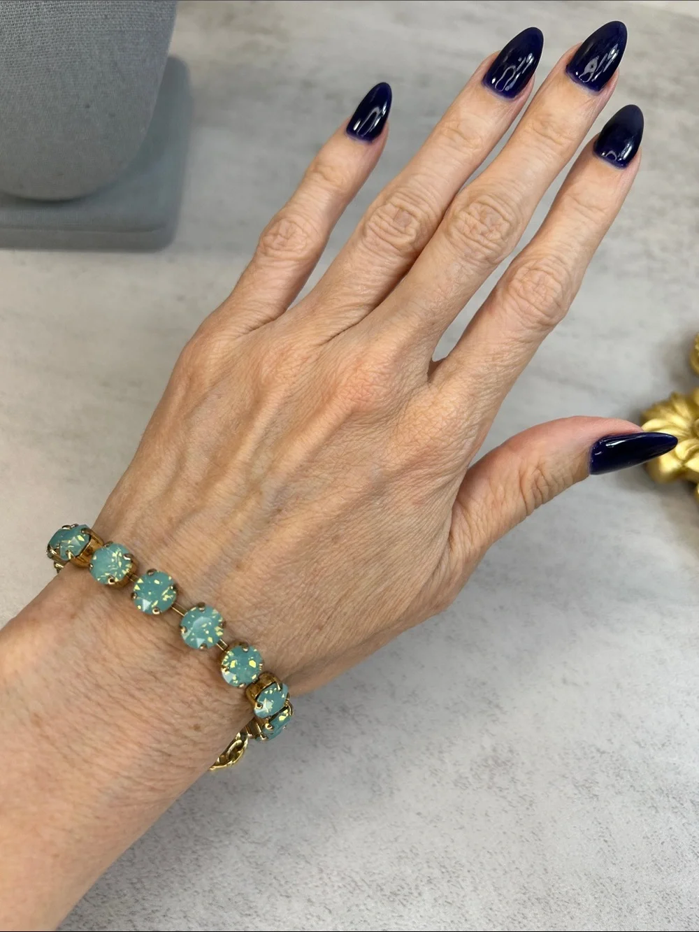 Gold Tennis Bracelet with Aqua Green Opal Crystals *See details on condition - Picture 4 of 9